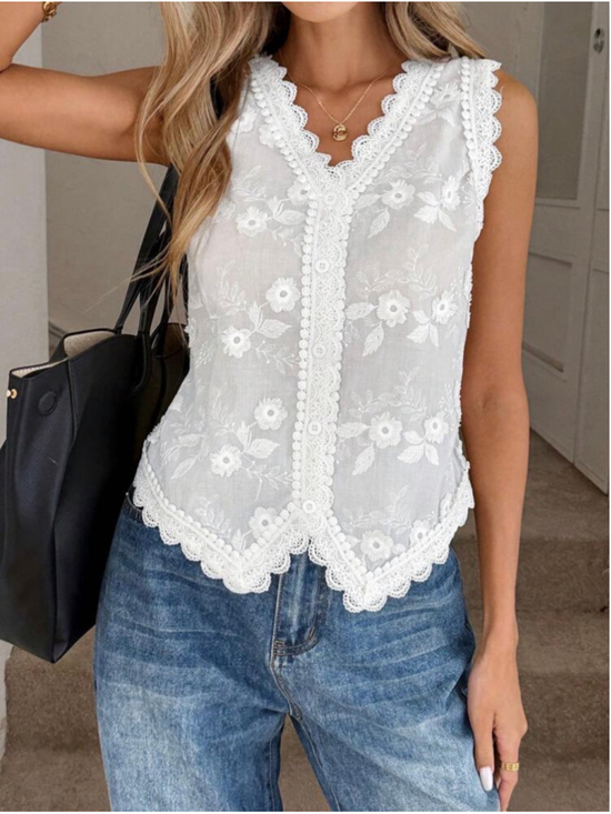 SHEIN Tops - Women's SHEIN White Floral Embroidered Sleeveless V-Neck Tank Top SemiSheer L